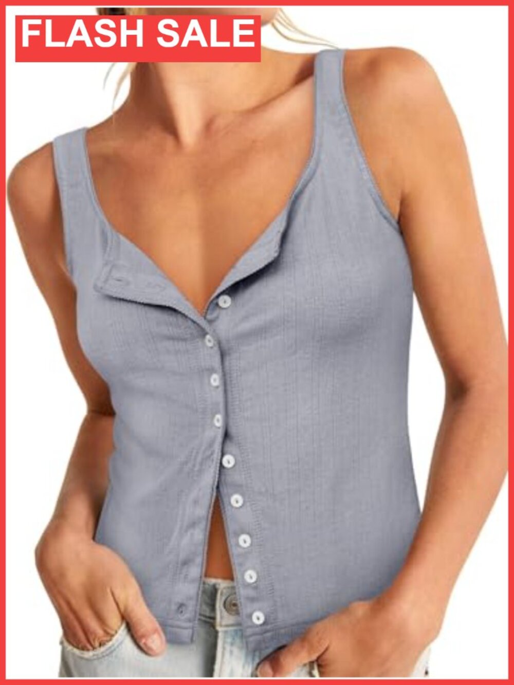 Fitted Pointelle Knit Tank Top Button Down Square Neck Ribbed Cami